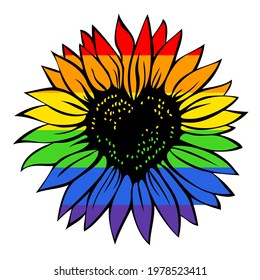 Heart shaped sunflower in the colors of rainbow flag, vector illustration isolated on white background