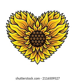 Herzgeformte Sonnenblume, Vektorgrafik der Illustration, Valentine
