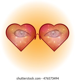 Heart shaped sunglasses. Female eyes. Glasses with shimmering background stars. Vector illustration .