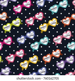 heart shaped sunglasses pattern on pop art on black background with white dots