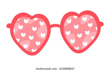 Heart shaped sunglasses. Pink retro eye frames. Cartoon red valentine glasses.