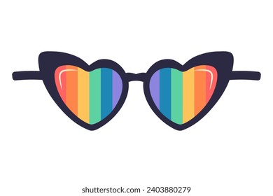 Heart shaped sunglasses with rainbow lens. Pride LGBT eyeglasses. Flat vector illustration. 