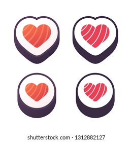 Heart shaped sushi roll design for logo or icon. Cartoon gradient style and flat two color print. Isolated sushi symbol, vector illustration.