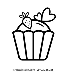 Heart shaped sweet delicious ice cream cone vector illustration icon with black outline isolated on white square background. Simple flat minimalist art styled drawing with valentine and love theme.