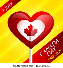 Heart shaped sweet lollipop and maple leaf, Canada symbol on a yellow background 
