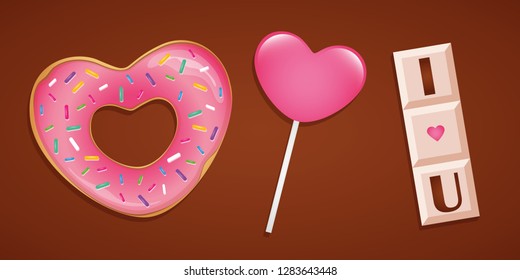 heart shaped sweets donut lollipop and chocolate vector illustration EPS10
