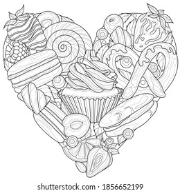 
Heart shaped sweets.Coloring book antistress for children and adults. Illustration isolated on white background.Zen-tangle style.