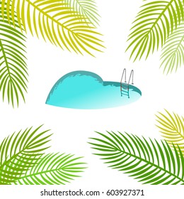Heart shaped swimming pool with stairs and palm tree branch on white background. Summer creative concept design. Vector illustration