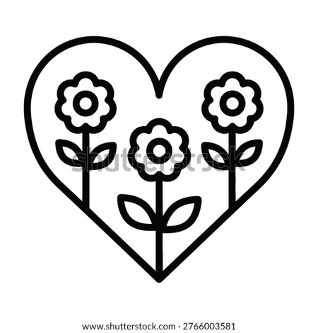 A heart shaped symbol filled with three blooming flowers, representing love and affection in a simple and elegant design, ideal for valentines day, romantic occasions, and floral themes