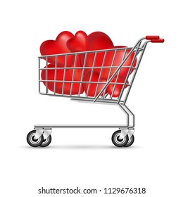 Heart shaped symbol in a shopping cart, isolated on white background.	