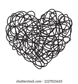 Heart shaped tangled grungy scribble hand drawn with thin line, divider shape. Isolated on white background. Vector illustration