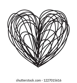 Heart shaped tangled grungy scribble hand drawn with thin line, divider shape. Isolated on white background. Vector illustration