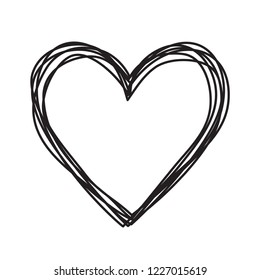 Heart shaped tangled grungy scribble hand drawn with thin line, divider shape. Isolated on white background. Vector illustration