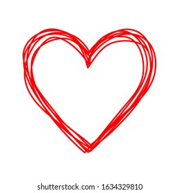 Heart shaped tangled grungy scribble hand drawn with thin line, divider shape. Isolated on white background. Vector illustration
