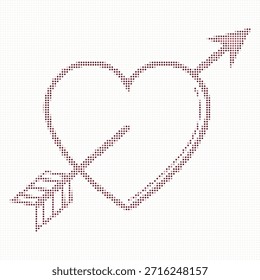 Blanco en forma de corazón perforado por una flecha hecha de puntos Pequeños en color rojo sobre fondo blanco
