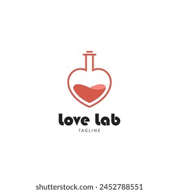 Tubo de prueba en forma de corazón, Vector de estilo plano de la Plantilla del diseño del logotipo del laboratorio del amor