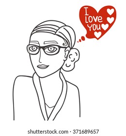  Heart shaped thought bubble. Valentines day card. Girl thinks. Vector illustration EPS10.The black outline drawing isolated on a white background.