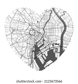 Heart shaped Tokyo city vector map. Black and white colors illustration. Roads, streets, rivers.