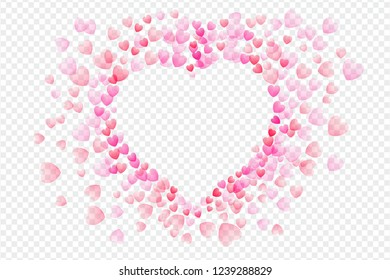 Heart shaped translucent confetti Valentine's day border frame isolated on transparent background. Vector illustration.