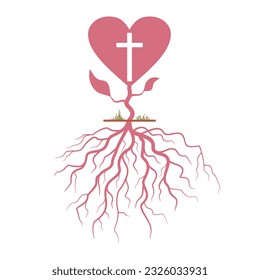 Heart shaped tree with christian cross and curled roots. Christianity concept illustration.