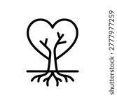 Heart shaped tree growing from roots icon