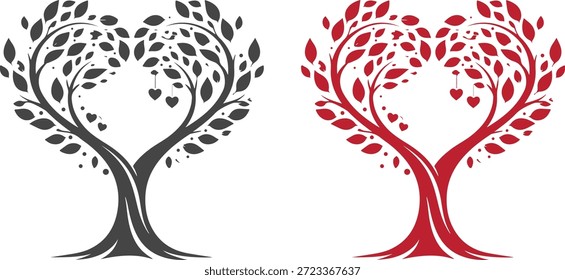 Ilustração de árvore em forma de coração simbolizando amor, vida, crescimento e conexão emocional. Árvore decorativa com folhas formando uma forma de coração, representando romance, raízes familiares, harmonia e amor da natureza. Elegante design de vetor plano em versões em preto e vermelho, isolado no fundo branco. Ideal para o Dia dos Namorados, casamento, aniversário, conceitos familiares, marca ecológica, cartazes, cartões de felicitações, logotipos e projetos de design decorativo.