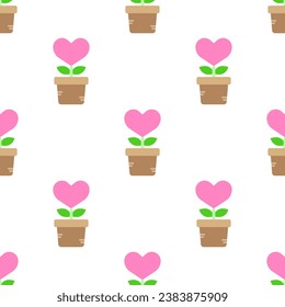Heart shaped tree in plant pot seamless pattern background.