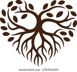 Árbol en forma de corazón con raíces y hojas que simbolizan el crecimiento del amor y la conexión con la naturaleza