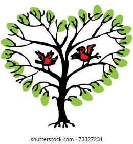 heart shaped tree with two birds
