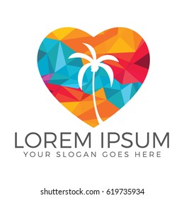 Heart shaped tropical beach and palm tree logo design.