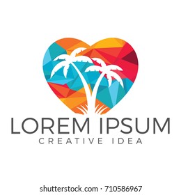 Heart shaped tropical beach and palm tree logo design.