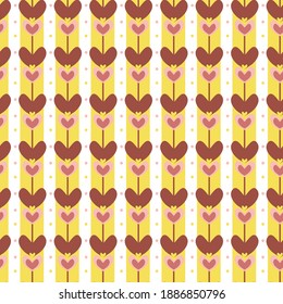 Heart shaped tulips field seamless vector pattern. Valentines surface print design for fabrics, stationery, scrapbook paper, gift wrap, home decor, textiles, and packaging.