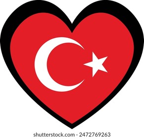 A heart shaped Turkish flag with a red background and a white star and crescent symbol. Perfect for expressing love and pride for Turkey.