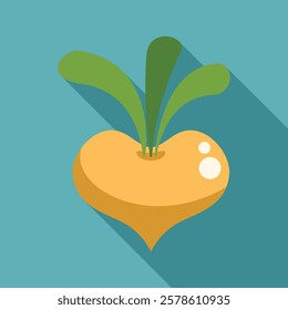 Heart shaped turnip growing with long green leaves in a flat design icon style with a long shadow