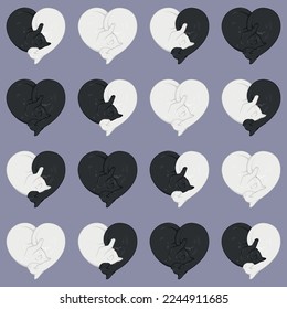 heart shaped two sleeping cats pattern vector design