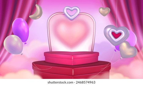 Heart shaped two steps stairs red product podium with arch, floating love symbols and balloons on pink background with curtain. Realistic 3d vector Valentine day bg with goods display platform.