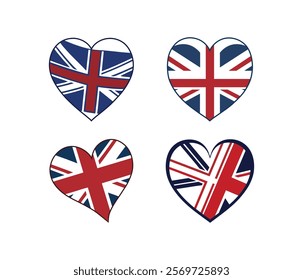 Heart shaped union jack flag designs - patriotic british icons for UK themes, love, and national pride vector set