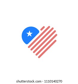Heart shaped USA flag with stripes, star and red, blue colors. Vector illustration design works well as an icon, logo, label, tag, badge, banner or a simple element to add to your work