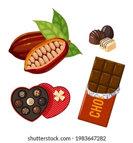 Heart shaped valentine day candy box with chocolate bon-bons and cocoa fruit with beans inside. Vector illustration cartoon flat icon set isolated on white background.