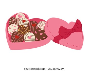 Heart shaped Valentine Day candy box with chocolate bon-bons. Vector cartoon hand drawn illustration isolated on white background. Sweet candies gift box