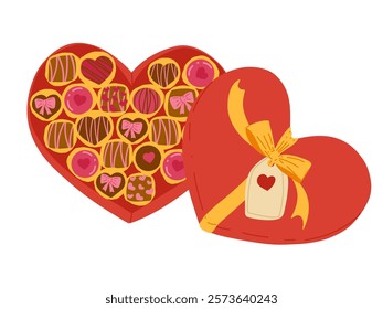 Heart shaped Valentine Day candy box with chocolate bon-bons. Vector cartoon hand drawn illustration isolated on white background. Sweet candies gift box