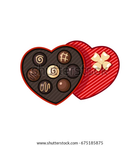 Heart shaped valentine day candy box with chocolate bon-bons.  Vector illustration flat icon isolated on white.