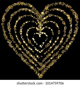 Heart shaped Valentines day background with random hand drawn falling golden hearts isolated on black.