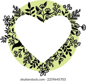 Heart shaped vector floral frame , wreath with leaves and flovers in doodle style. Romantic frame template. Vector illustration