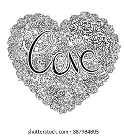 heart shaped vector floral pattern with text 'love'. Coloring book page for adult. square form