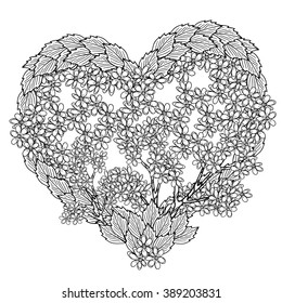heart shaped vector floral pattern. Coloring book page for adult. square form
