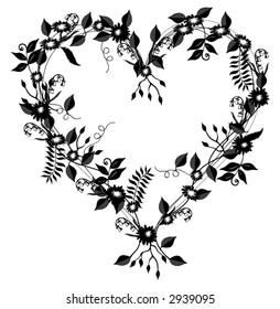 Heart shaped vector with flowers, vines and leaves in black over a white background.