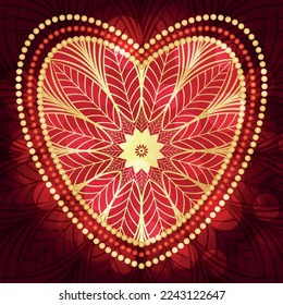Marco vectorial en forma de corazón con patrón floral dorado sobre fondo oscuro, bokeh