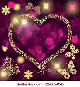 Heart shaped vector frame with golden floral pattern on purple bokeh background with butterflies 