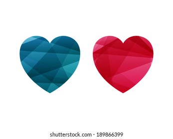Heart shaped vector graphic with shiny geometric triangular stripe background. Contemporary abstract sign concept.